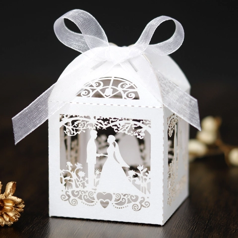 Caja de Recuerdos de Boda de Corte Láser Silueta de Novios Caja de Caramelos Con Cinta Cajas de Regalo Huecas