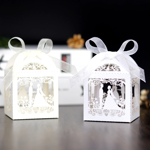 Caja de Recuerdos de Boda de Corte Láser Silueta de Novios Caja de Caramelos Con Cinta Cajas de Regalo Huecas