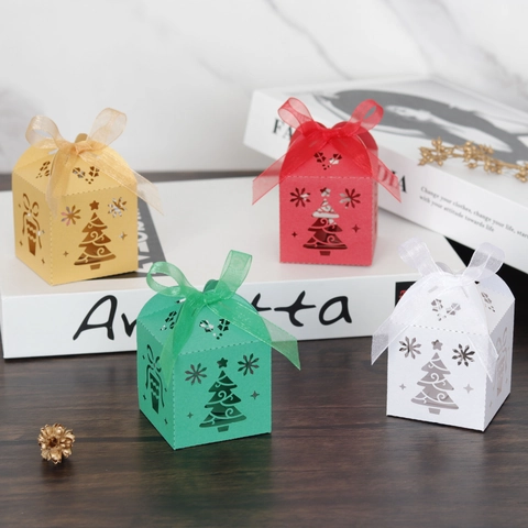 Boîte Cadeau de Noël Découpe Laser Boîte à Bonbons Ruban Motif Sapin de Noël Papier Pliante pour Décoration de Fête