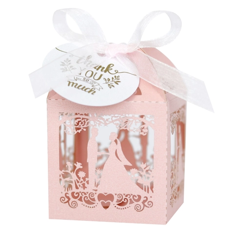 Lasergeschnitten Hochzeit Gastgeschenk Box Perlmuttpapier Hohl Braut Bräutigam Süßigkeiten Geschenkbox Mit Band Und Anhänger