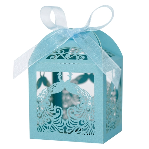 Laser Cut Peacock Hollow Pearlescent Paper Candy Box Ribbon Bow Gift Box For Wedding Party Valentine Day Favor Box
