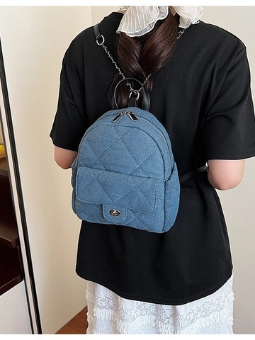 Mini Sac à Dos en Denim Matelassé pour Femme Fermoir Tournant en Métal Bandoulière Chaîne Cuir Petit Sac à Bandoulière Casual Quotidien