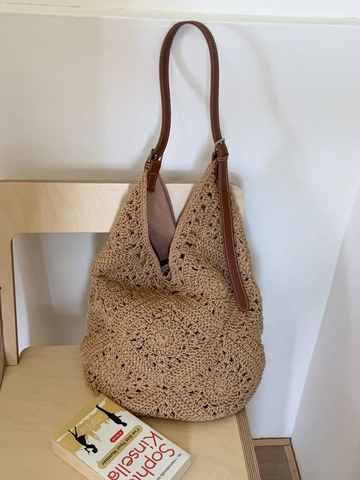 Bohemian Hollow Crochet Woven Tote Bag For Women Summer Beach Large Capacity Shoulder Bag With Brown Leather Strap