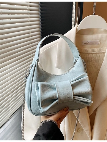 Sac Hobo Croissant Mode Femme Cuir PU Brillant Avec Nœud Papillon Sac Bandoulière Avec Chaîne en Métal Sac à Main Urbain