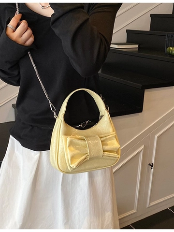 Sac Hobo Croissant Mode Femme Cuir PU Brillant Avec Nœud Papillon Sac Bandoulière Avec Chaîne en Métal Sac à Main Urbain