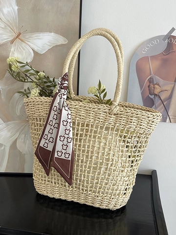 Bolso Tote de Paja Tejida para Vacaciones de Verano para Mujer Gran Capacidad Bolso de Hombro Calado Con Decoración de Bufanda