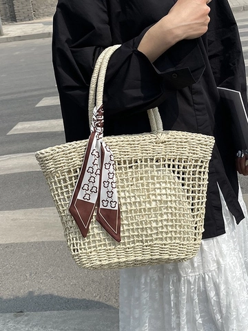 Bolso Tote de Paja Tejida para Vacaciones de Verano para Mujer Gran Capacidad Bolso de Hombro Calado Con Decoración de Bufanda