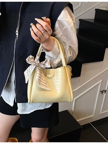 Sac Seau pour Femme en Cuir PU à Motif Crocodile Sac à Main de Navette Élégant Avec Foulard en Soie Sac à Bandoulière pour Femme