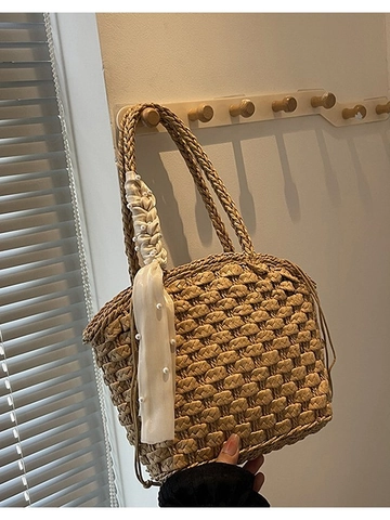 Sac Seau en Paille Tissé pour Femmes Décoration Foulard en Soie et Perle Artificielle Petit Frais Été Vacances Plage Sac à Main Cordon Tote Bag