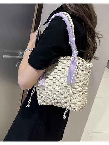 Sac Seau en Paille Tissé pour Femmes Décoration Foulard en Soie et Perle Artificielle Petit Frais Été Vacances Plage Sac à Main Cordon Tote Bag