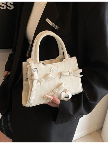 Petit Sac Carré en Cuir PU pour Femme avec Nœud Papillon et Perle Artificielle Sac à Bandoulière Polyvalent Sac à Main Design