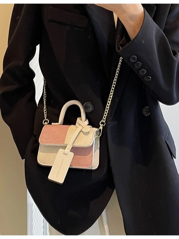 Sac Carré Tendance pour Femmes Surpiqûres de Couleur Contrastée Cuir PU Petit Sac à Bandoulière Chaîne Mode Quotidienne