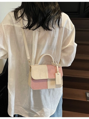 Sac Carré Tendance pour Femmes Surpiqûres de Couleur Contrastée Cuir PU Petit Sac à Bandoulière Chaîne Mode Quotidienne