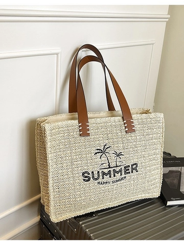 Sac Fourre-tout pour Femmes en Paille Tissé Grande Capacité Sac à Bandoulière de Plage d'été avec Imprimé Palmier et Poignées en Cuir
