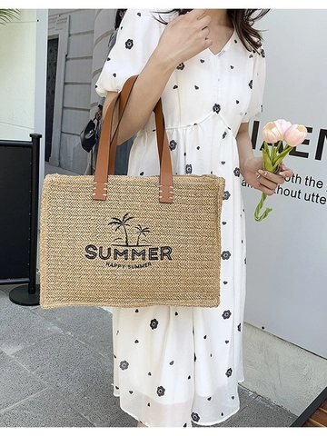 Sac Fourre-tout pour Femmes en Paille Tissé Grande Capacité Sac à Bandoulière de Plage d'été avec Imprimé Palmier et Poignées en Cuir