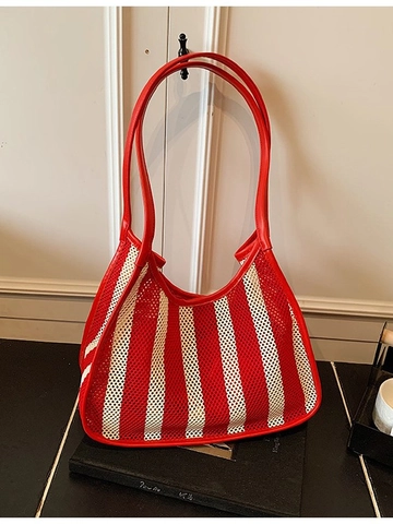 Sac Cabas Femme en Maille Rayée avec Bordure en Similicuir PU Grande Capacité Sac à Épaule Décontracté Été Plage Vacances