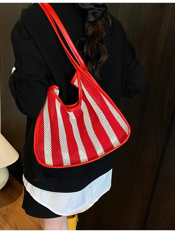 Sac Cabas Femme en Maille Rayée avec Bordure en Similicuir PU Grande Capacité Sac à Épaule Décontracté Été Plage Vacances