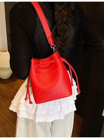 Borsa a Secchiello in Pelle PU Stile Coreano da Donna Grana di Litchi Coulisse Borsa a Tracolla Minimalista Casual Daily Handbag