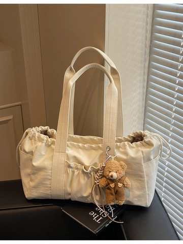 Grand Sac Fourre-tout en Toile Pour Femmes Cordon Plissé Sac à Épaule Avec Pendentif Ours Sac Bandoulière Décontracté Travail