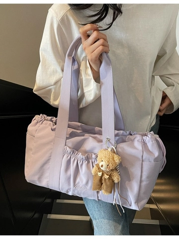 Grand Sac Fourre-tout en Toile Pour Femmes Cordon Plissé Sac à Épaule Avec Pendentif Ours Sac Bandoulière Décontracté Travail