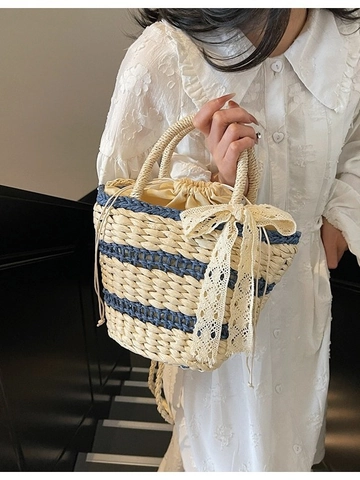 Bolso de Cubo de Paja Tejido a Mano Para Mujer Niche Lazo de Encaje Bolso Con Cordón Verano Playa Bolso de Hombro