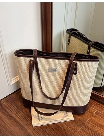Sac Fourre-tout Tissé en Paille Vintage Français pour Femmes Grande Capacité Couleur Contrastée Cuir PU Épissage Sac à Bandoulière Vacances Plage