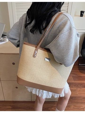 Sac Fourre-tout Tissé en Paille Vintage Français pour Femmes Grande Capacité Couleur Contrastée Cuir PU Épissage Sac à Bandoulière Vacances Plage