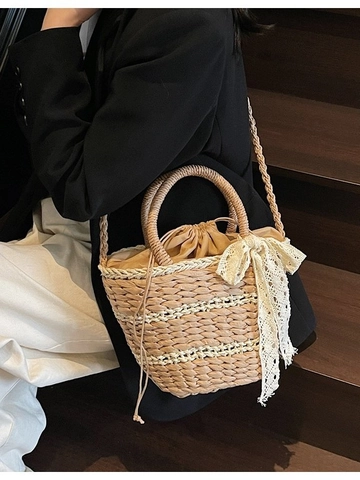 Bolso de Cubo de Paja Tejido a Mano Para Mujer Niche Lazo de Encaje Bolso Con Cordón Verano Playa Bolso de Hombro