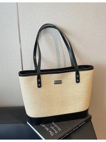 Sac Cabas en Paille Tissé de Grande Capacité pour Femmes Sac à Épaule de Plage d'Été Avec Bordure en Cuir PU et Fermeture Éclair
