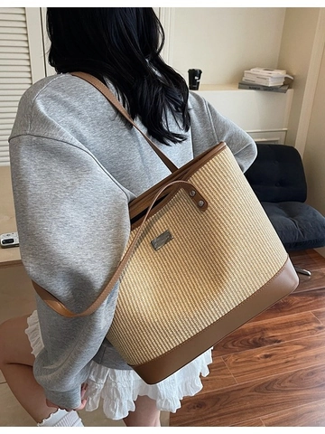 Sac Cabas en Paille Tissé de Grande Capacité pour Femmes Sac à Épaule de Plage d'Été Avec Bordure en Cuir PU et Fermeture Éclair