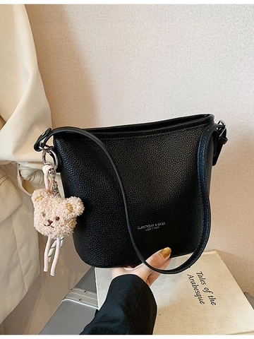 Sac Seau en Cuir PU pour Femmes Grande Capacité Motif Litchi Sac à Bandoulière Avec Pendentif Ours en Peluche Quotidien