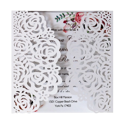 Lasergesneden Rozen Bloemen Huwelijks Uitnodigingskaarten Met Blanco Binnenblad Parelmoer Papier Holle Wenskaarten