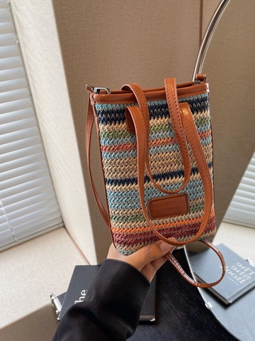 Sac Seau Tissé en Paille à Rayures Multicolores Bohème pour Femmes Mode Petit Sac à Main Bandoulière Sac de Téléphone Portable Avec Bordure en Cuir
