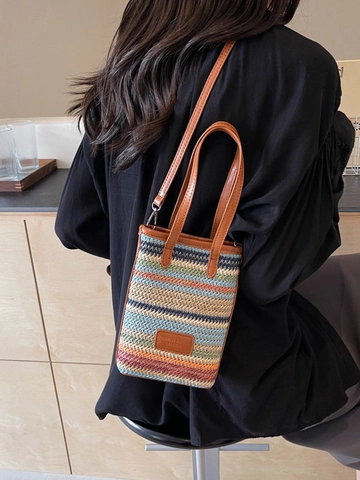 Sac Seau Tissé en Paille à Rayures Multicolores Bohème pour Femmes Mode Petit Sac à Main Bandoulière Sac de Téléphone Portable Avec Bordure en Cuir