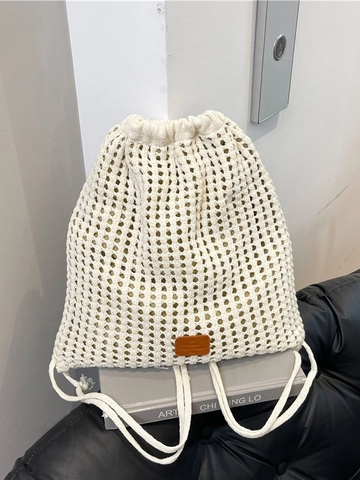 Sac à Dos Seau à Cordon Tricoté pour Femmes Sac à Dos de Style Vacances à la Plage en Tissage Creux Floral Sac de Voyage