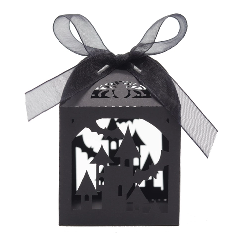 Scatola per Caramelle Halloween Traforata Castello Pipistrello Ragnatela Nero Taglio Laser Cartoncino Con Fiocco