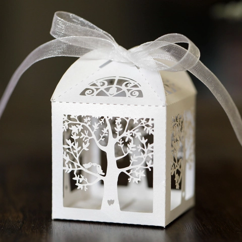 Lasergeschnittene Lebensbaum Vogel Hohl Süßigkeitenbox Perlmuttpapier Geschenkbox Mit Schleife Für Hochzeit Party Dekoration