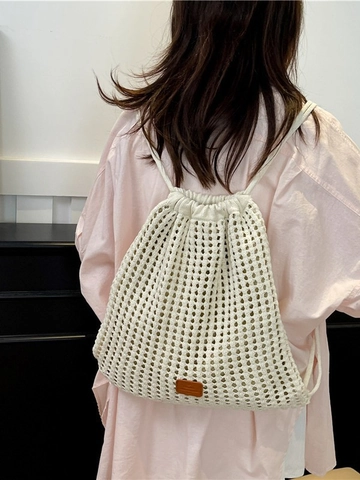 Sac à Dos Seau à Cordon Tricoté pour Femmes Sac à Dos de Style Vacances à la Plage en Tissage Creux Floral Sac de Voyage