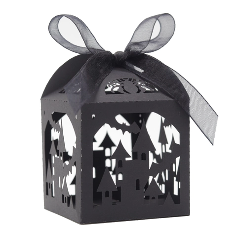 Scatola per Caramelle Halloween Traforata Castello Pipistrello Ragnatela Nero Taglio Laser Cartoncino Con Fiocco