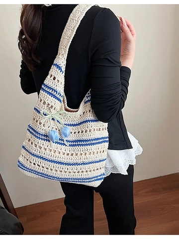 Women Large Capacity Straw Woven Shoulder Bag Hollow Out Crochet Beach Tote With Tulip Flower Artificial Pearl Pendant