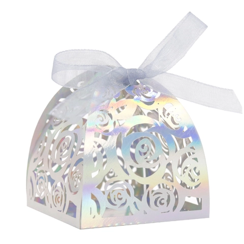 European Wedding Candy Box Rose Laser Cut Paper Favor Gift Box With Ribbon For Birthday Party Iridescent Gold Silver