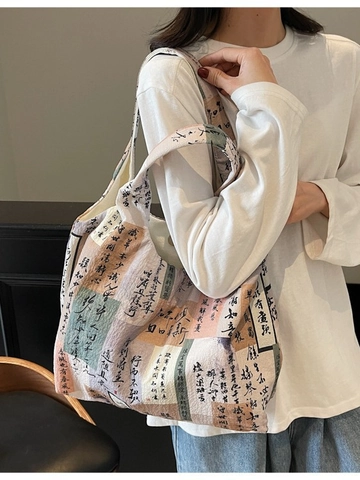 Grand Sac Cabas en Toile pour Femmes Style Japonais Rétro Imprimé Floral Poisson Koi Calligraphie Sac à Main Artistique