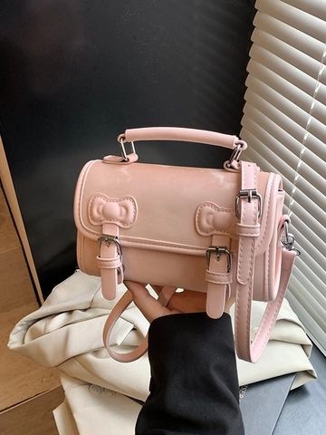 Damen Süße Schleife Kleine Umhängetasche Vintage PU Leder Handtasche Preppy Stil Doppel Schnalle Quadratische Schultertasche