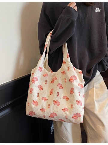Grand Sac Cabas en Toile pour Femmes Style Japonais Rétro Imprimé Floral Poisson Koi Calligraphie Sac à Main Artistique