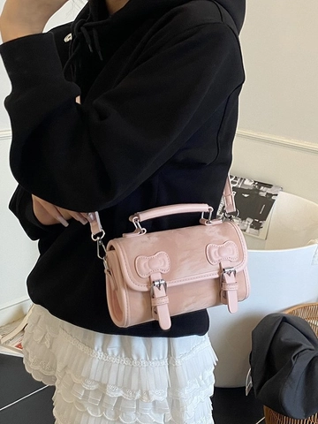 Damen Süße Schleife Kleine Umhängetasche Vintage PU Leder Handtasche Preppy Stil Doppel Schnalle Quadratische Schultertasche