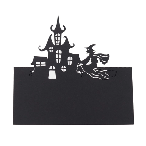 Tarjetas de Lugar Halloween Corte Láser Cartulina Negra Castillo Gótico Bruja Silueta Tarjetas Nombre Mesa para Fiesta Banquete