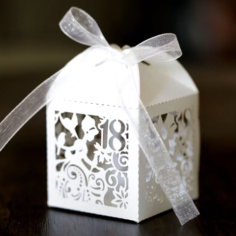 Caja Caramelos 18 Cumpleaños Corte Láser Papel Perlado Caja Regalo Con Cinta para Cumpleaños Aniversario Fiesta