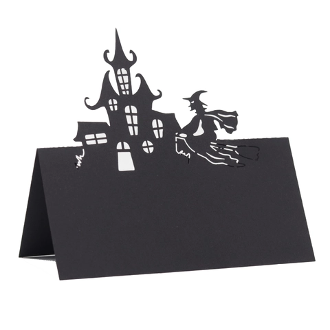 Tarjetas de Lugar Halloween Corte Láser Cartulina Negra Castillo Gótico Bruja Silueta Tarjetas Nombre Mesa para Fiesta Banquete