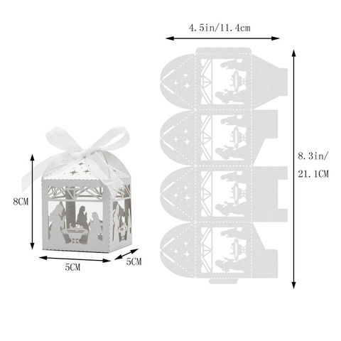 Laser Cut Nativity Scene Candy Box Pearlescent Paper Gift Box With Satin Ribbon White Christmas Wedding Party Favor Box