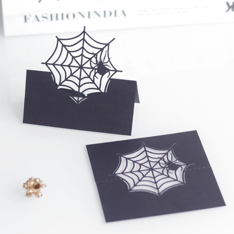 Halloween Spider Web Hollow Paper Place Cards 3D Laser Cut Black Cardstock Table Seat Cards For Party Banquet Decoration